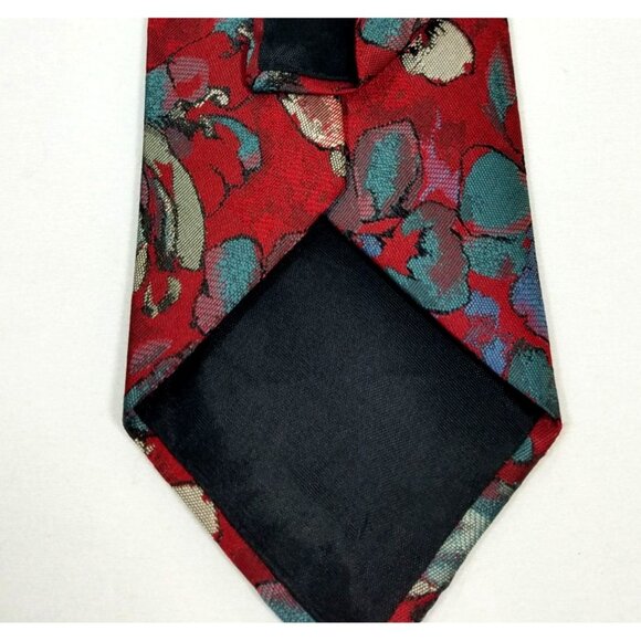 Oscar De La Renta Mens Necktie floral red background Teal Flowers tie - Picture 3 of 6